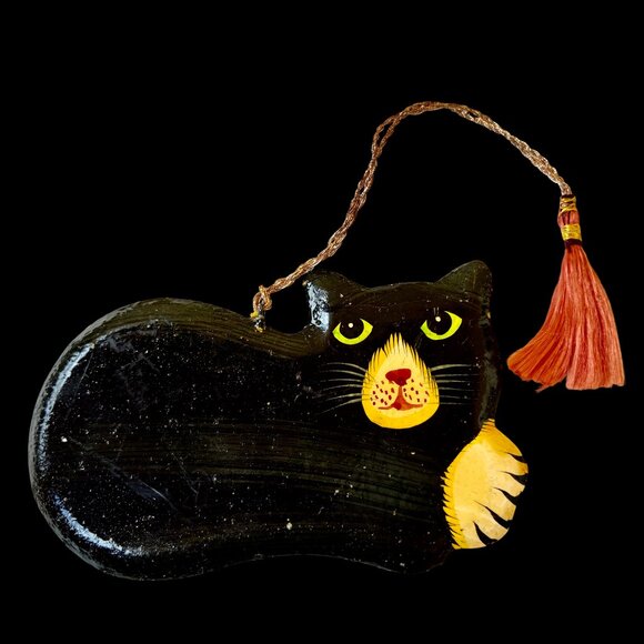 Vintage Wood Black Cat Christmas Hanging Ornament Hand Painted DOUBLE SIDED - Picture 4 of 8